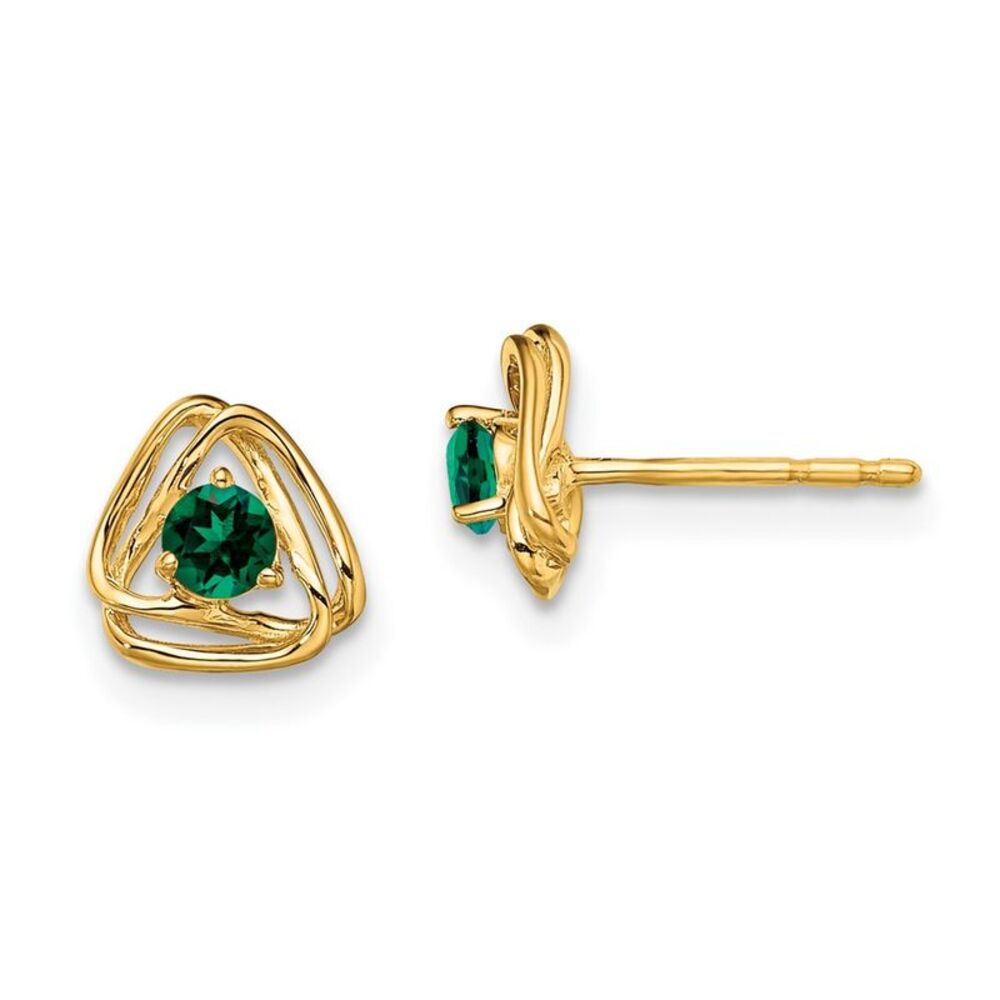 14k Yellow Gold Created Emerald Post Earrings - image 1